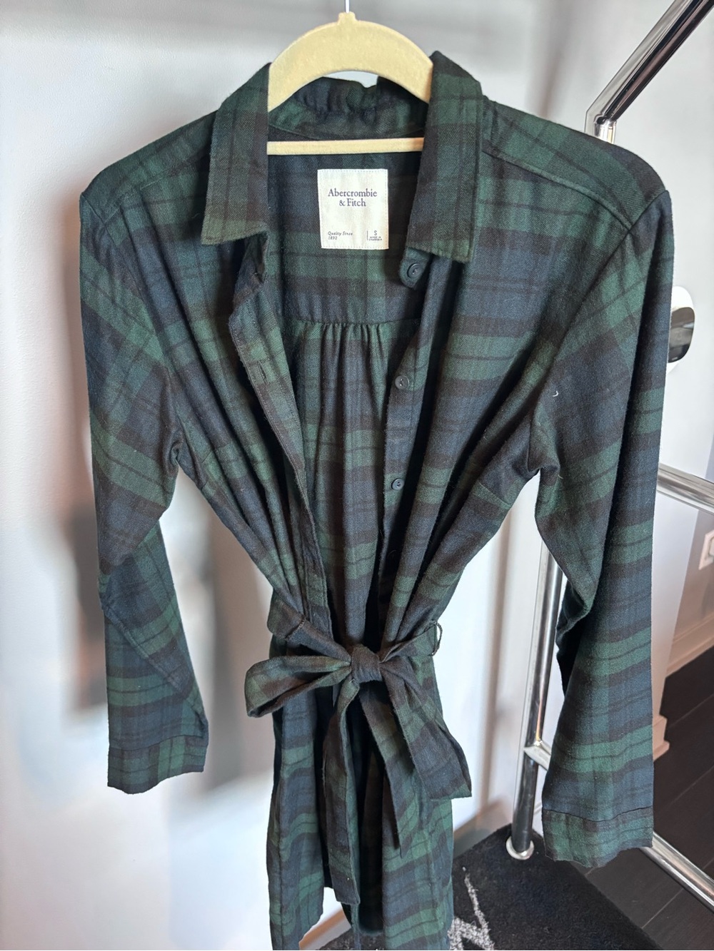 Abercrombie & Fitch Green and Black Plaid Button-Down Dress with Waist Tie
